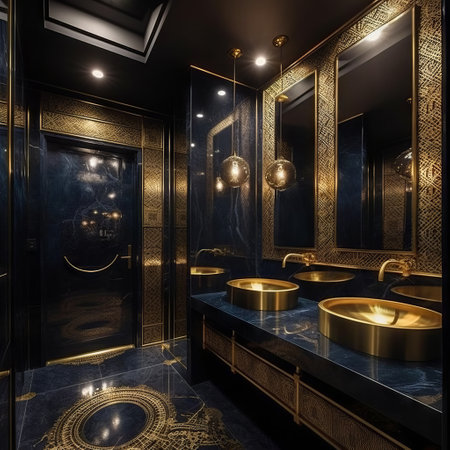 3D rendering of a luxury bathroom with black and gold tiles and a large mirrorの素材