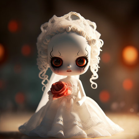 Cute little doll with a red rose on a dark background.の素材