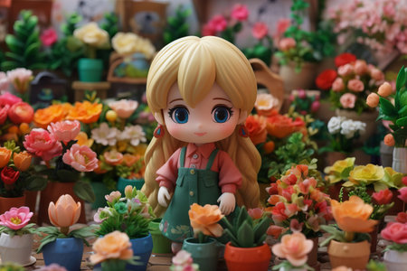 A closeup shot of a cute little doll in a flower shopの素材