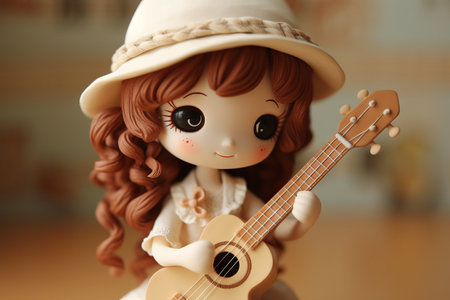Cute girl with ukulele on blurred background, closeupの素材