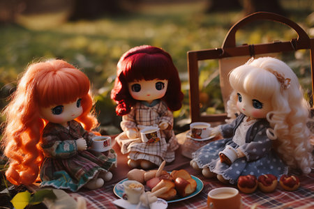 Dolls in the park with tea and sweets. selective focus.の素材