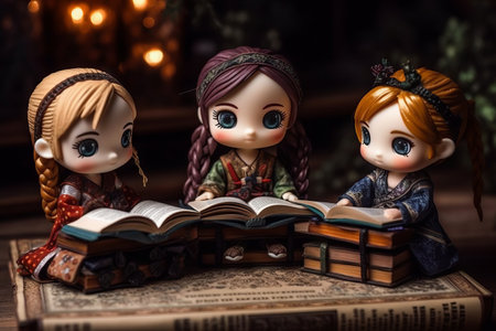 Cute little dolls reading a book. dark background. selective focus.の素材
