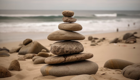 Stack of zen stones on the beach with ocean in the backgroundの素材