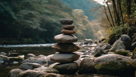 Pile of zen stones on the shore of a mountain riverの素材