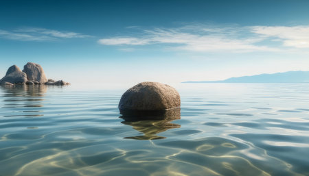3D illustration of a stone in the sea under a blue skyの素材