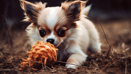 Cute little chihuahua puppy playing with a toy ballの素材