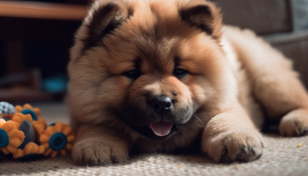 Cute chow chow dog lying on the floor at homeの素材
