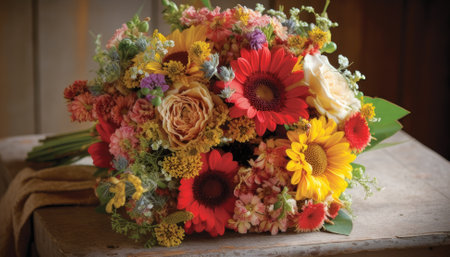 Bouquet of colorful flowers on a wooden table, vintage styleの素材