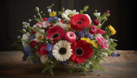 Bouquet of poppies and cornflowers on wooden tableの素材