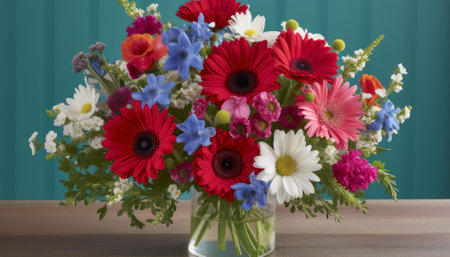 Bouquet of colorful flowers in vase on wooden table.の素材