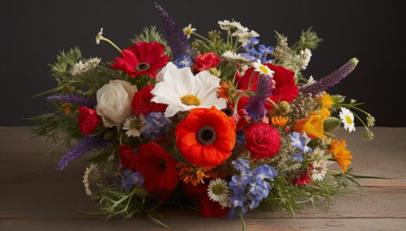 Bouquet of wildflowers on a wooden table against a dark backgroundの素材