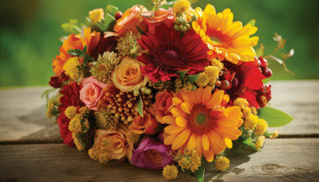 Bridal bouquet with gerberas on a wooden tableの素材