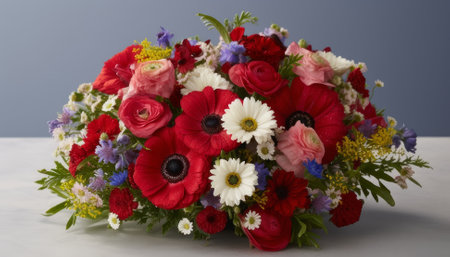 Bouquet of red poppies and cornflowers on a blue backgroundの素材
