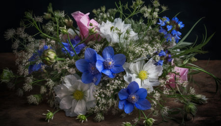 Bouquet of spring flowers on a wooden background. toned.の素材