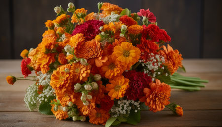 Bouquet of autumn flowers on a wooden table. autumn backgroundの素材