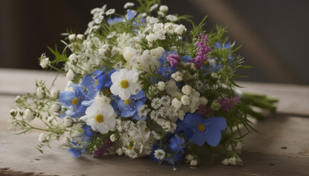Bridal bouquet of wildflowers on a wooden tableの素材