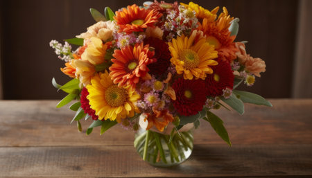 Bouquet of colorful flowers in glass vase on wooden backgroundの素材