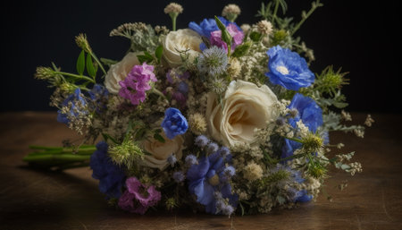 Bouquet of wildflowers on wooden table with dark backgroundの素材