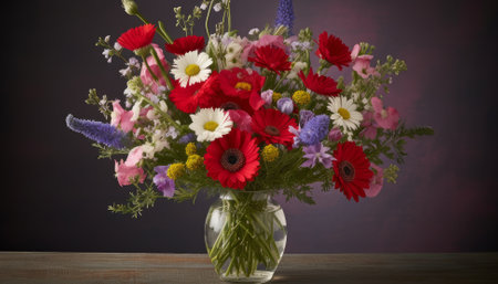 Bouquet of wildflowers in vase on wooden tableの素材