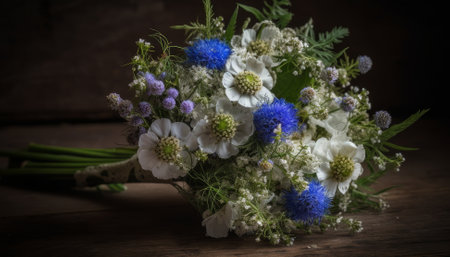 Bouquet of wildflowers on wooden background. Toned.の素材
