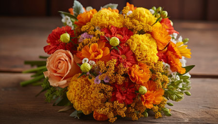 beautiful bouquet of different flowers in vase on wooden tableの素材
