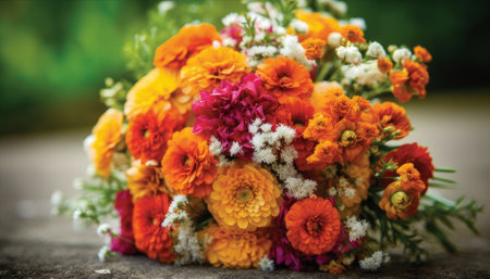 beautiful bouquet of bright flowers on a wooden table in rustic styleの素材