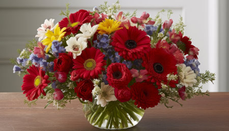 Bouquet of red and blue flowers on a white background.の素材