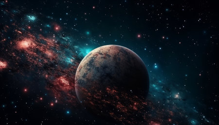 Planet in space surrounded by stars and nebula, 3D renderingの素材