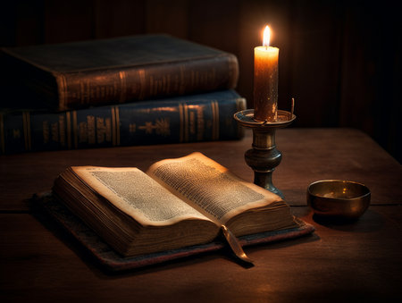 Old books, candle and candlestick on a wooden table.の素材