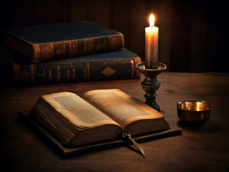 Old books, candle and candlestick on a wooden table.の素材