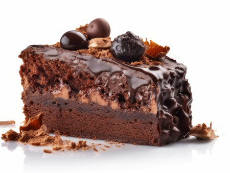 Chocolate cake with chocolate glaze and nuts on a white backgroundの素材