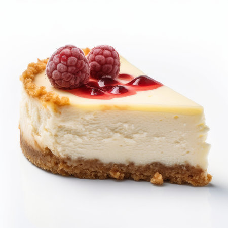 Cheesecake with fresh raspberries on a white background.の素材