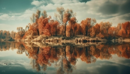 Autumn landscape with trees reflected in the lake. vintage style.の素材