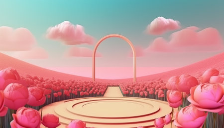 3d render of podium stage with pink flowers and arches in the skyの素材