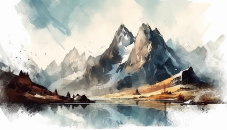 Landscape of mountains and lake in watercolor style. digital painting.の素材