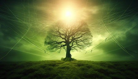 Conceptual image of green fantasy landscape with old tree and rays of lightの素材