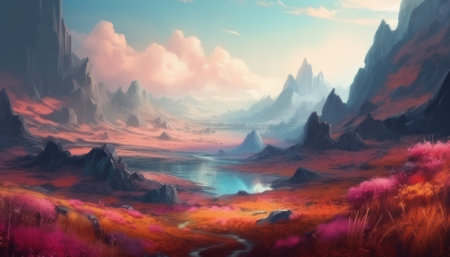 fantasy alien planet. mountain and lake. 3D illustration.の素材