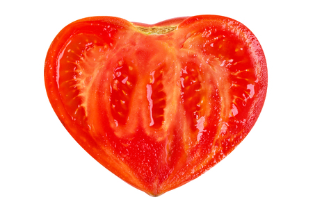 Half fresh tomato in the shape of heart isolated on white backgroundの写真素材