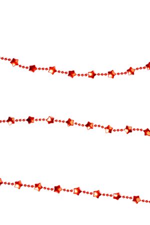 Horizontal garland with red glass stars for Christmas decoration isolated on a white background.の写真素材