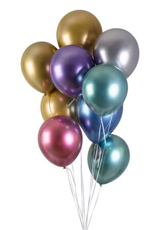 A bunch of multi-colored metallized balloons for party  isolated on black backgroundの写真素材