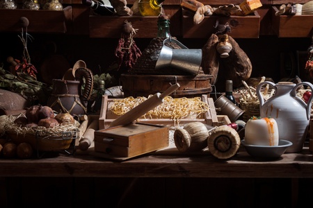 Collection of a variety of items and foods belonging to the italian culinary traditionの写真素材