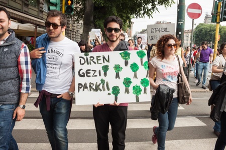 MILAN, ITALY - JUNE 1: Turkish people protest in defence of democracy and against prime minister Erdogan for the violent attacks by riot police at Gezi Park (Istanbul) in Milan JUNE 1, 2013のeditorial素材