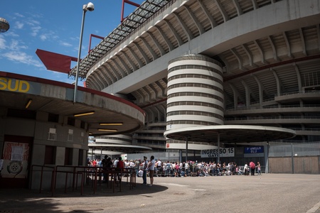 MILAN, ITALY - JUNE 3: Thousands of fans gather outside the stadium waiting for the gates to open at Bruce Springsteen world tour in Milan JUNE 3, 2013のeditorial素材