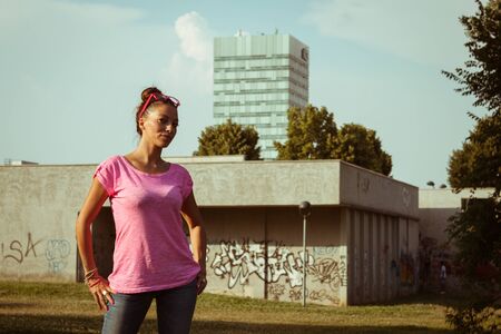Portrait of a beautiful girl with casual lookの写真素材