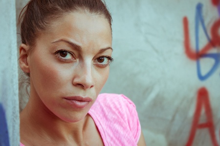 Portrait of a beautiful serious girl with casual lookの写真素材