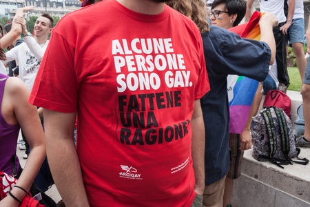 MILAN, ITALY - JUNE 29: Thousands of people march in the city streets for the annual gay pride parade, claiming equality and legal rights in Milan on JUNE 29, 2013のeditorial素材