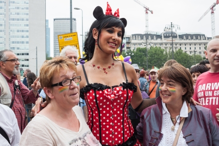 MILAN, ITALY - JUNE 29: Thousands of people march in the city streets for the annual gay pride parade, claiming equality and legal rights in Milan on JUNE 29, 2013のeditorial素材