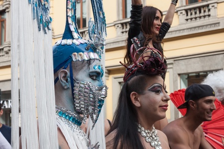 MILAN, ITALY - JUNE 29: Thousands of people march in the city streets for the annual gay pride parade, claiming equality and legal rights in Milan on JUNE 29, 2013のeditorial素材