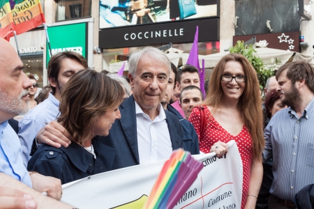MILAN, ITALY - JUNE 29: Thousands of people march in the city streets for the annual gay pride parade, claiming equality and legal rights in Milan on JUNE 29, 2013のeditorial素材
