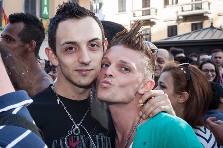 MILAN, ITALY - JUNE 29: Thousands of people march in the city streets for the annual gay pride parade, claiming equality and legal rights in Milan on JUNE 29, 2013のeditorial素材